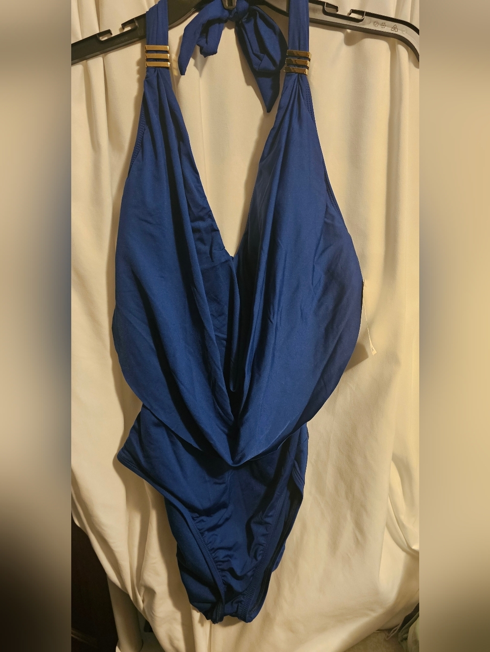 L NEW- Royal Blue Draped One-Piece Swimsuit with Halter Tie by Bar III